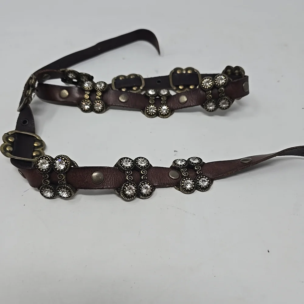 Vtg women brown leather belt brass studs rhinestone accent punk goth whimsygoth.